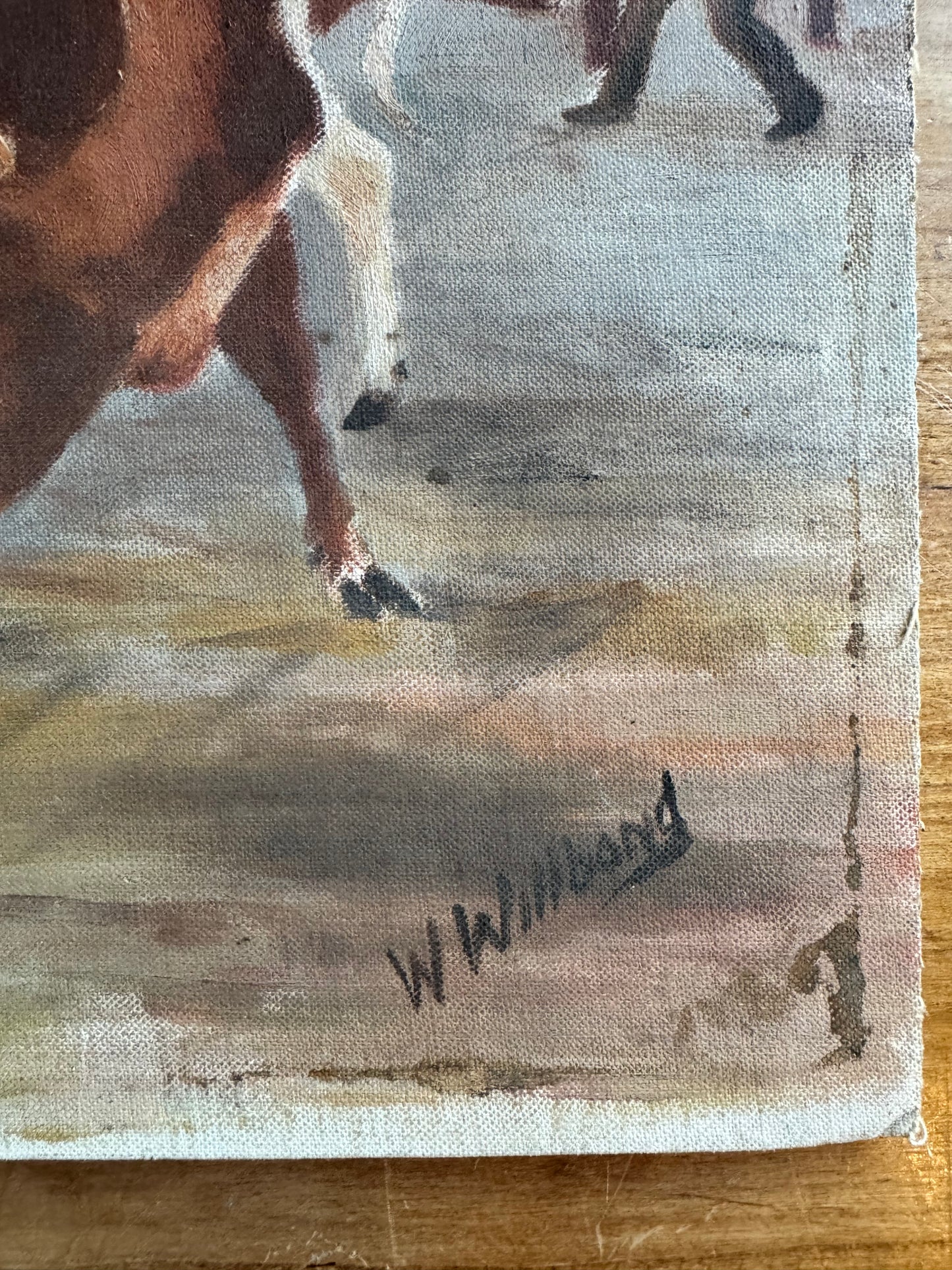 Antique English Oil Painting – Herdsman & Cattle, Signed W. Willbond on Roberson Canvas, C. 1920