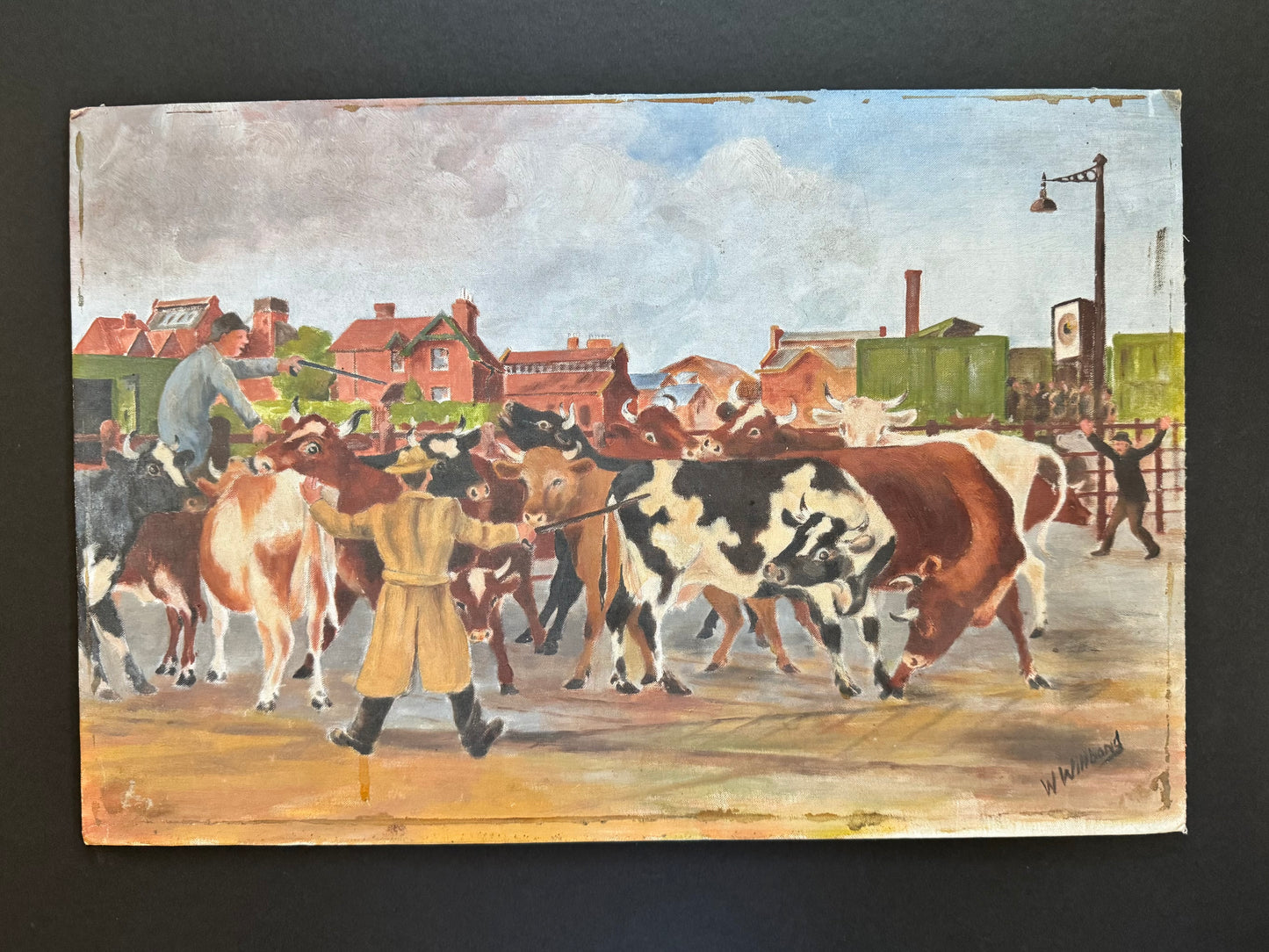 Antique English Oil Painting – Herdsman & Cattle, Signed W. Willbond on Roberson Canvas, C. 1920