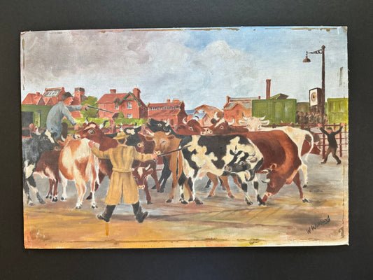 Antique English Oil Painting – Herdsman & Cattle, Signed W. Willbond on Roberson Canvas, C. 1920