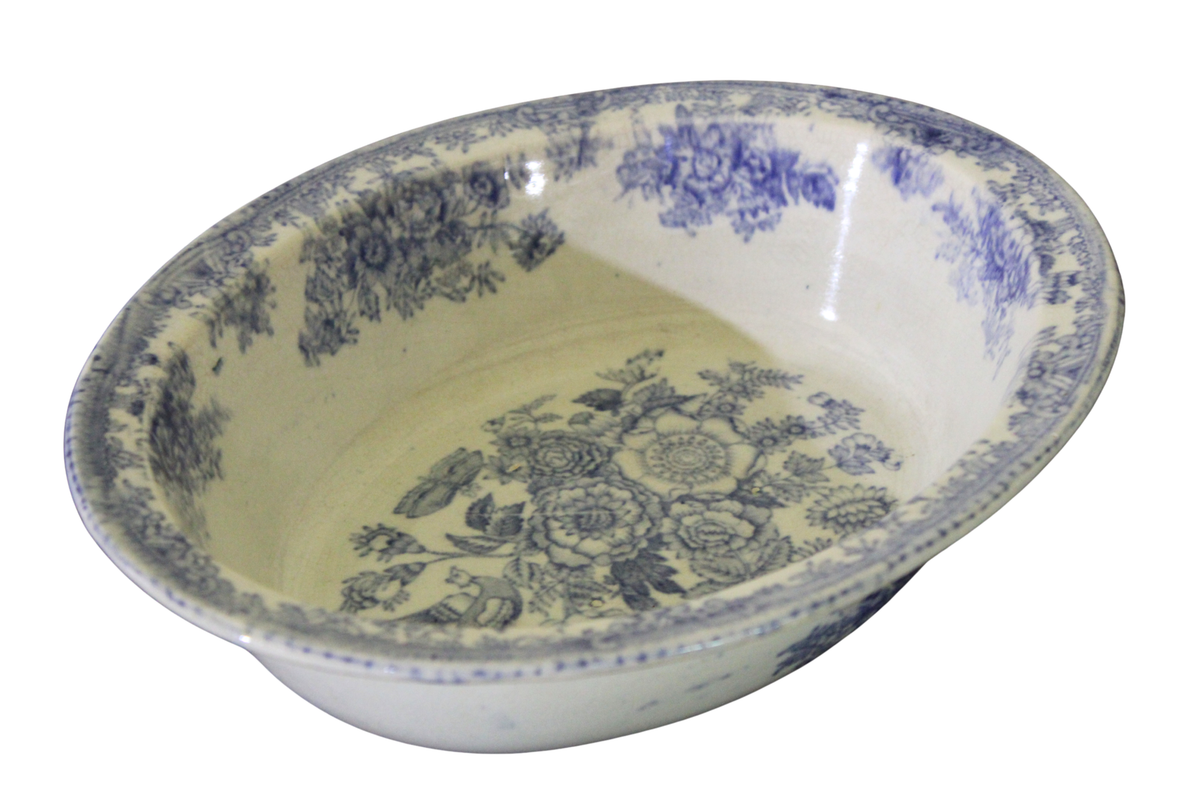 Antique English Blue Transferware Oval Bowl | Floral & Bird Pattern | c.1880s Description