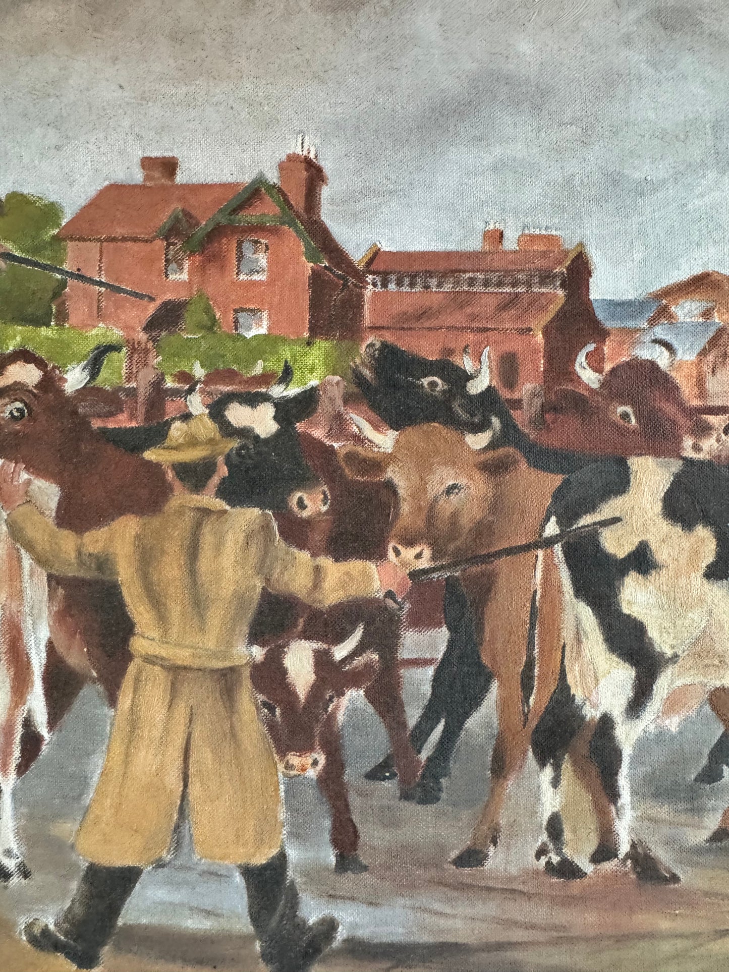 Antique English Oil Painting – Herdsman & Cattle, Signed W. Willbond on Roberson Canvas, C. 1920