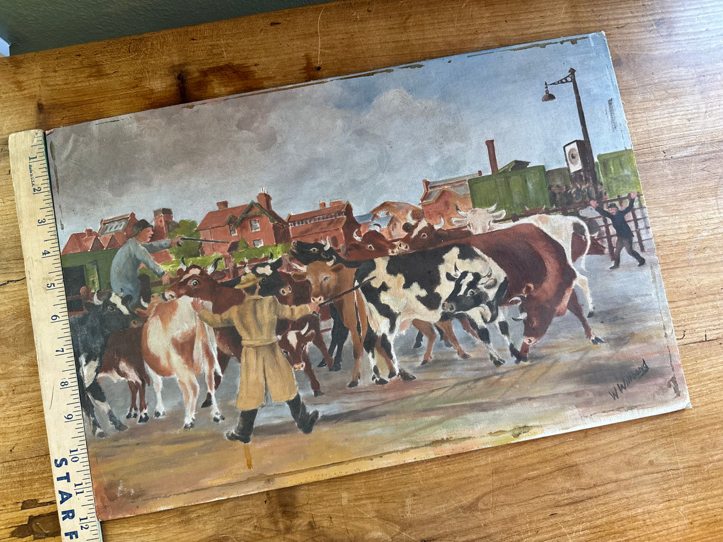 Antique English Oil Painting – Herdsman & Cattle, Signed W. Willbond on Roberson Canvas, C. 1920
