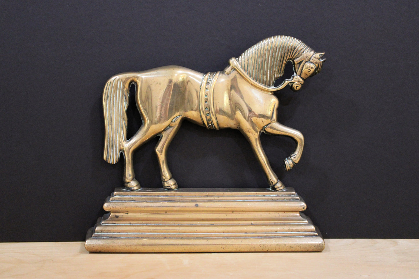 Antique English Brass Prancing Horse Doorstop - Victorian/Early 20th Century Stepped Base