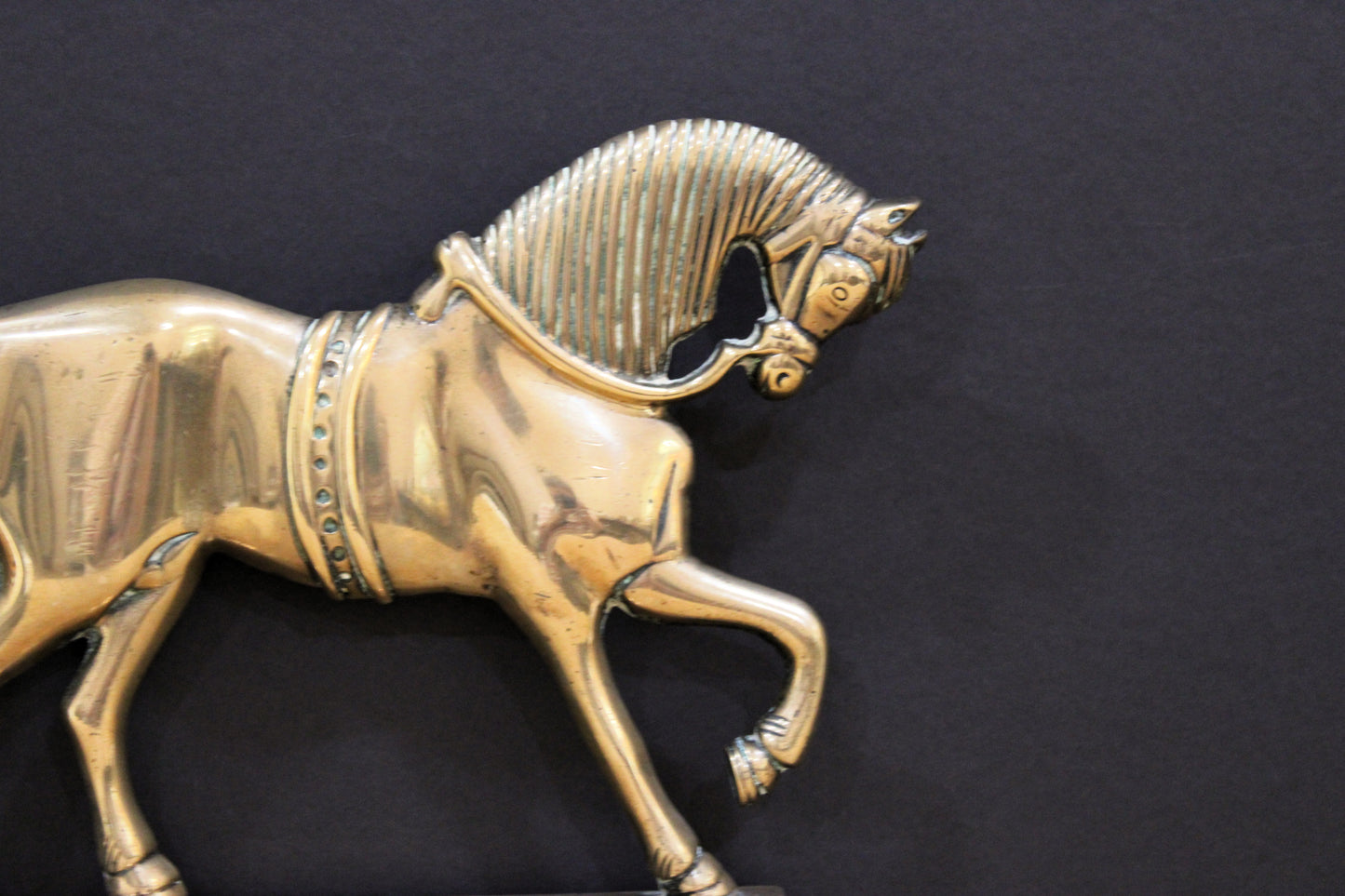 Antique English Brass Prancing Horse Doorstop - Victorian/Early 20th Century Stepped Base