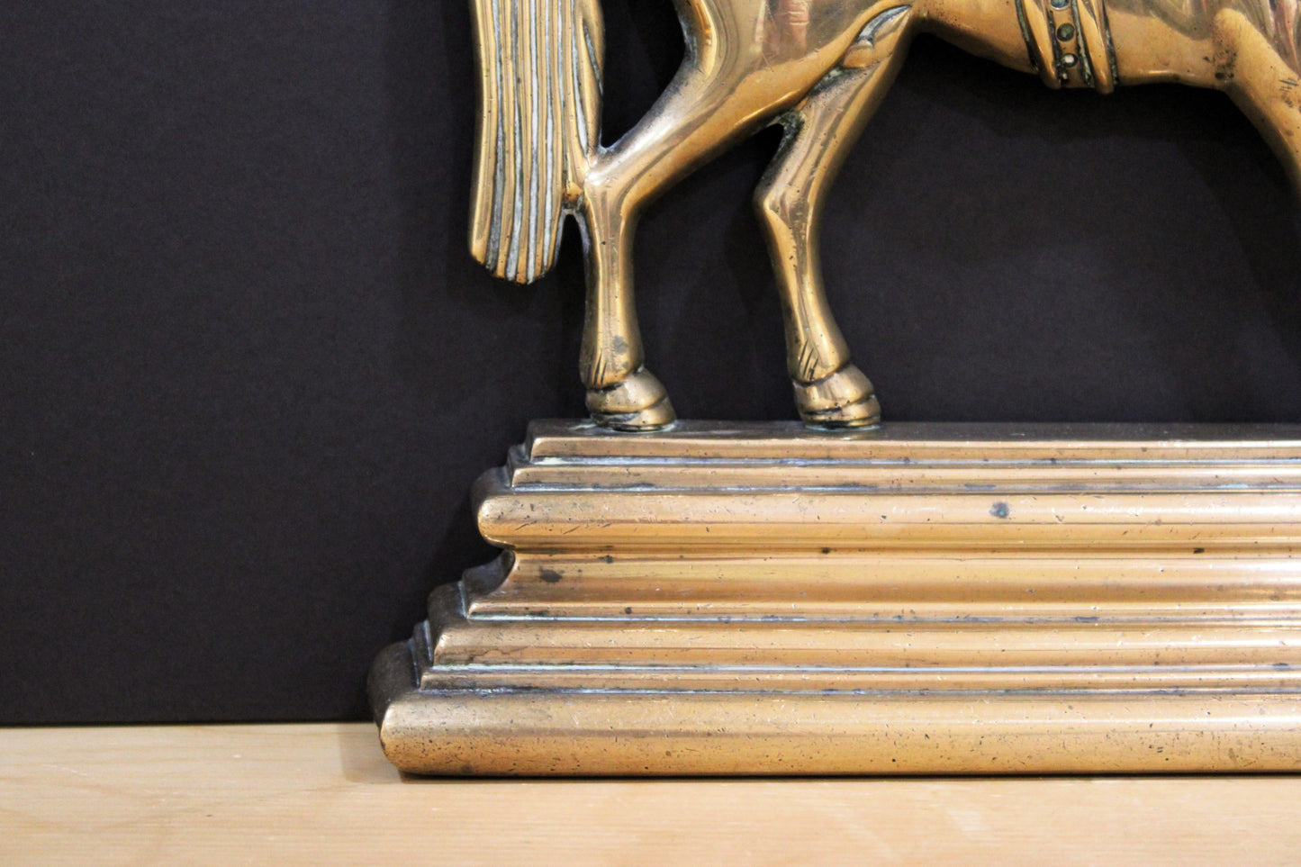Antique English Brass Prancing Horse Doorstop - Victorian/Early 20th Century Stepped Base