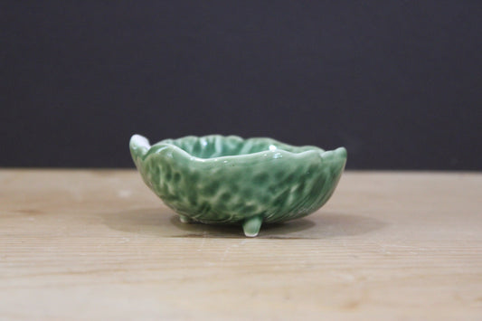 Tiny Vintage Green Cabbage Leaf Ceramic Bowl - English Majolica Style Salt Cellar / Trinket Dish