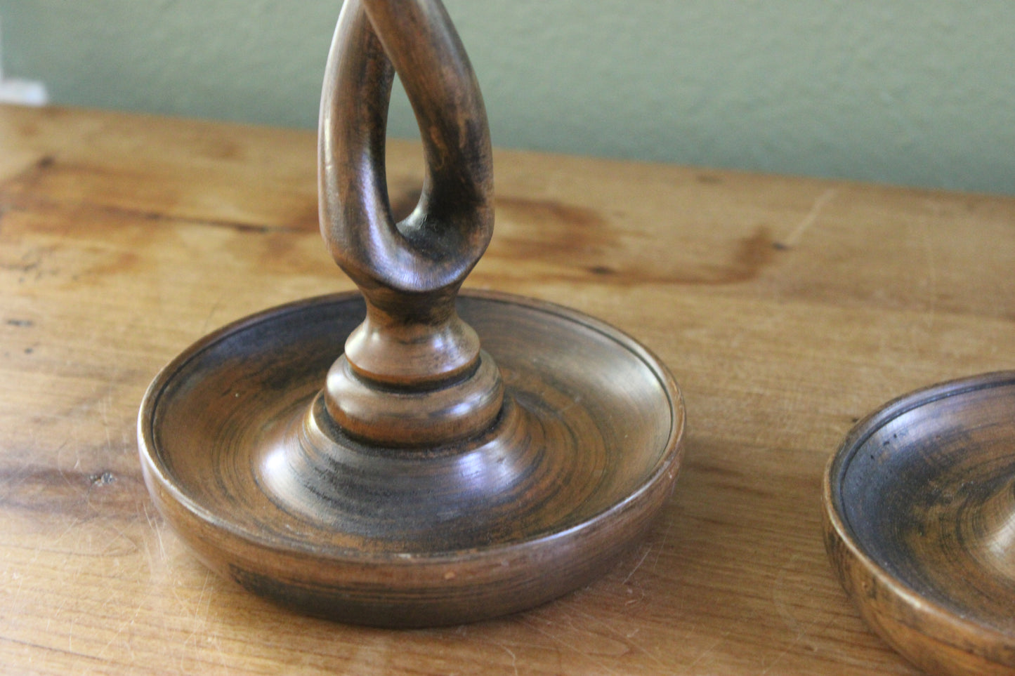 Pair of Antique English Open Barley Twist ~ Double Loop Wooden Candlesticks