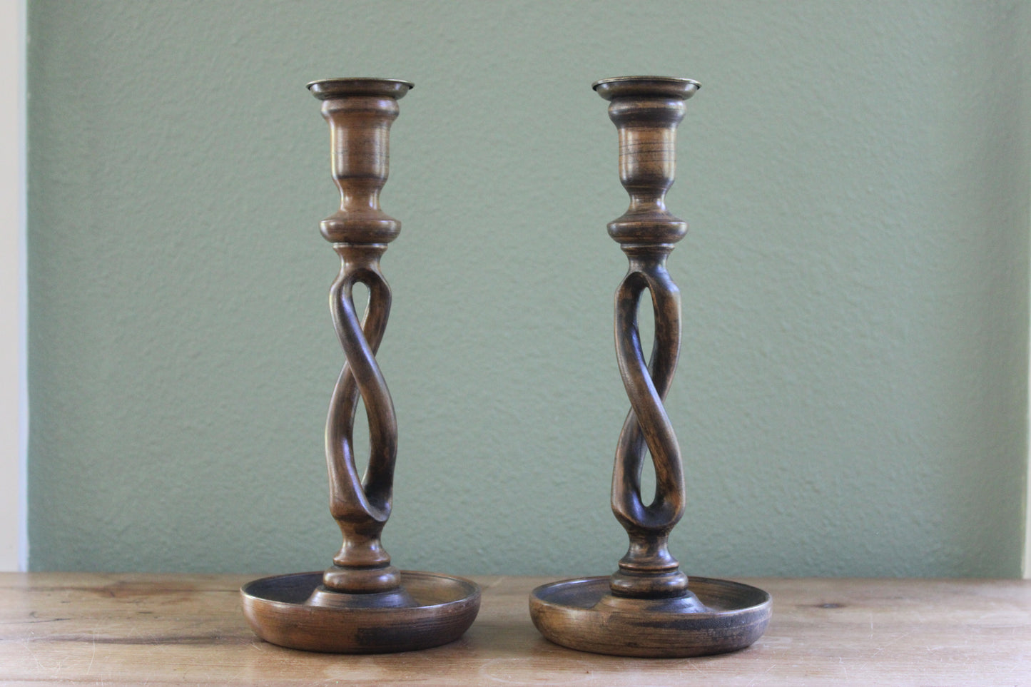 Pair of Antique English Open Barley Twist ~ Double Loop Wooden Candlesticks