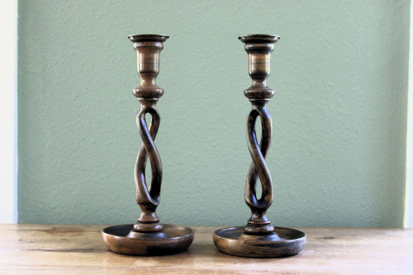 Pair of Antique English Open Barley Twist ~ Double Loop Wooden Candlesticks
