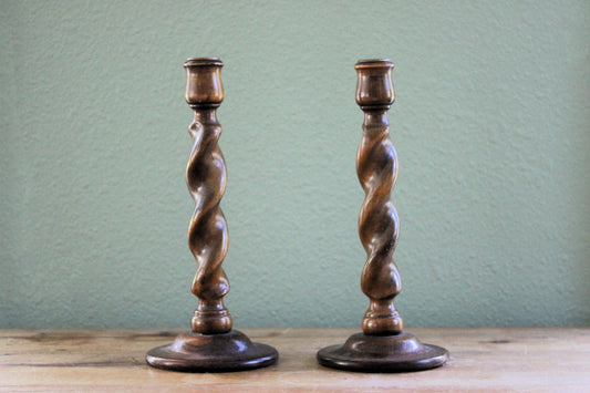 Pair of Vintage English Barley Twist Wooden Candlesticks