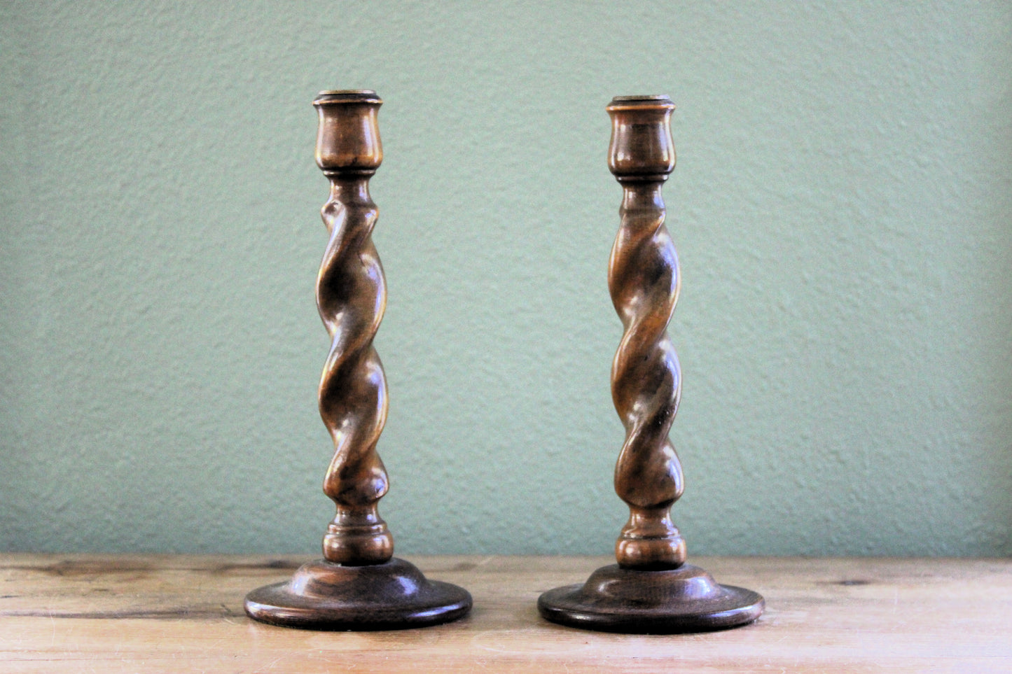 Pair of Vintage English Barley Twist Wooden Candlesticks