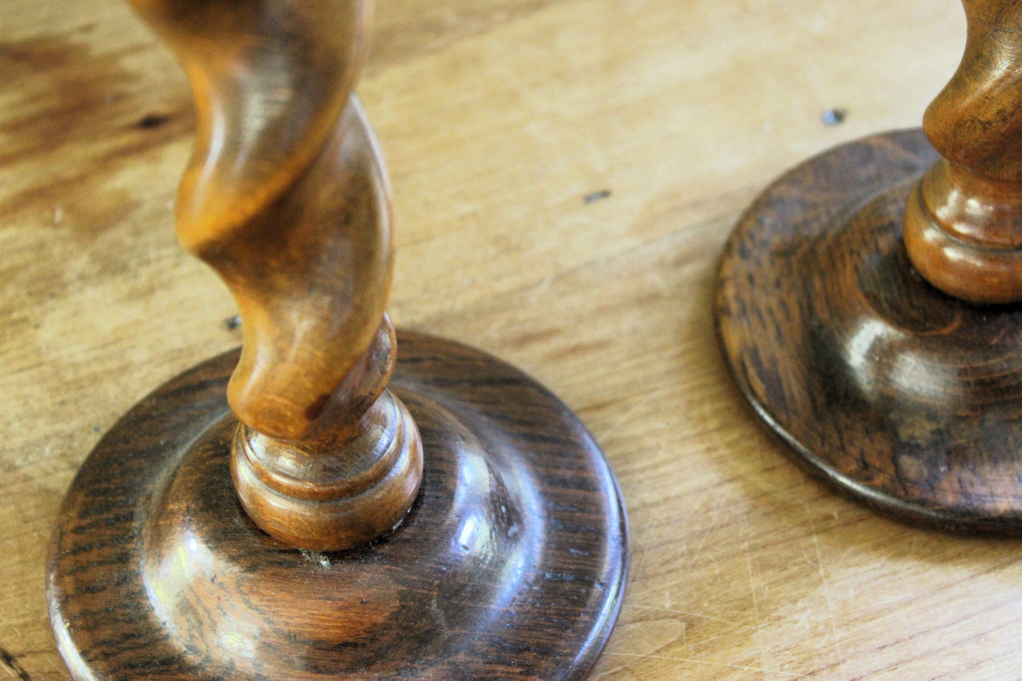 Pair of Vintage English Barley Twist Wooden Candlesticks