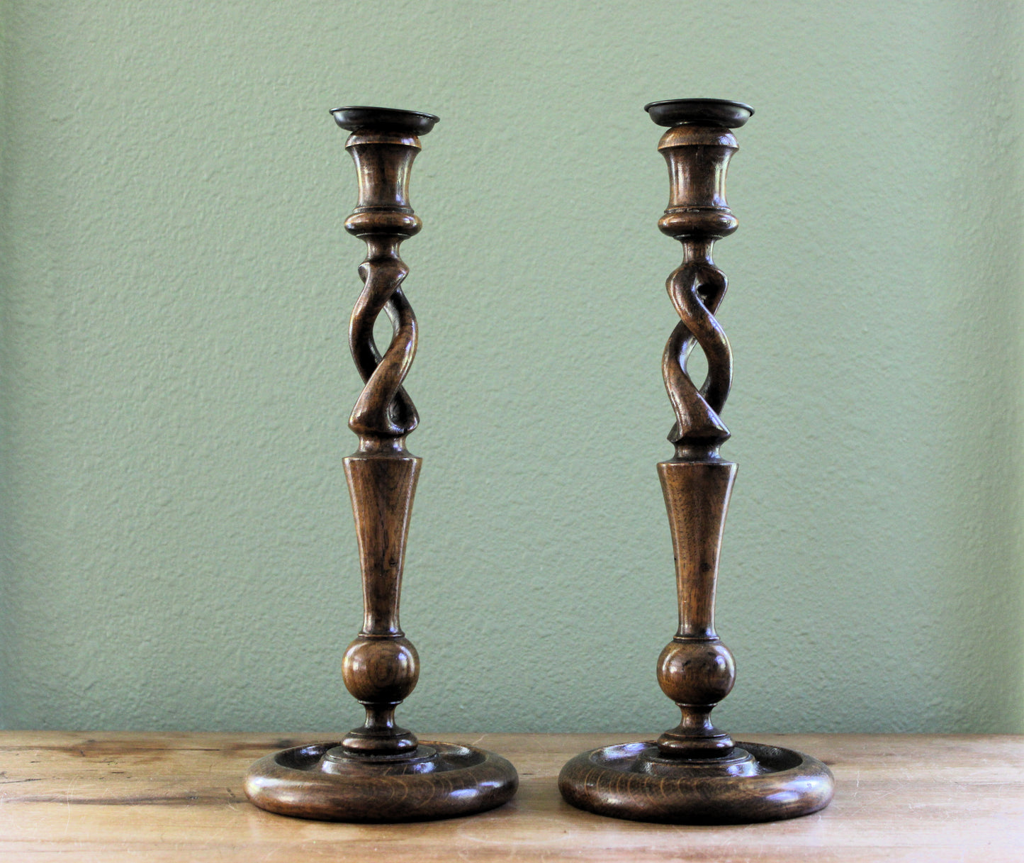 Pair of Tall Antique English Turned Wood Barley Twist Candlesticks