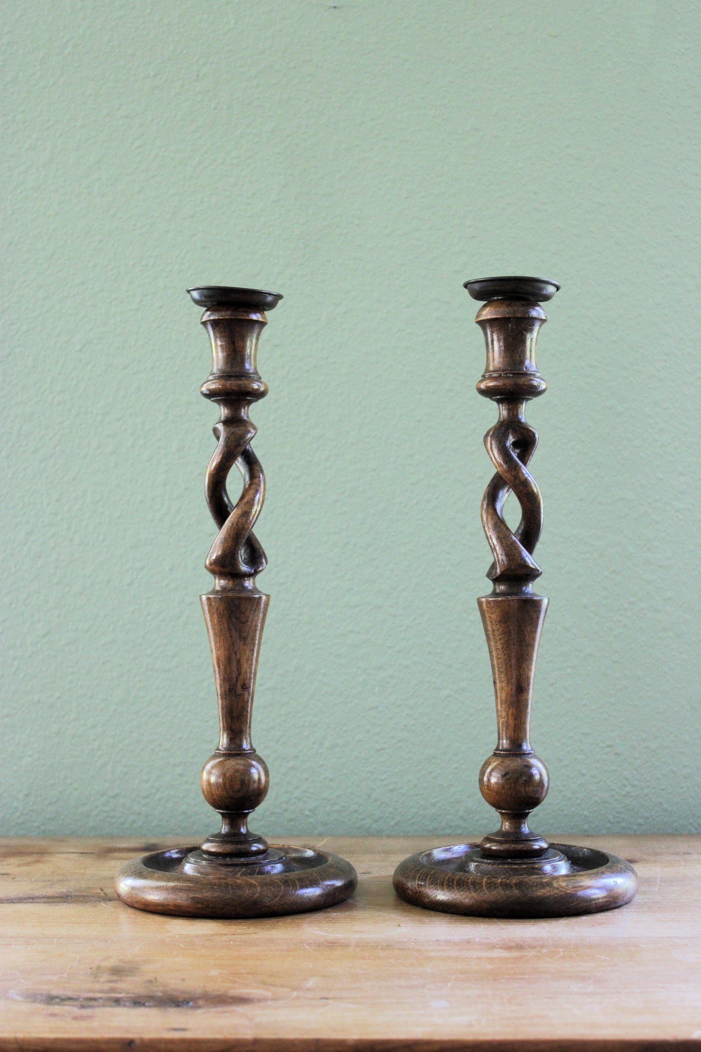 Pair of Tall Antique English Turned Wood Barley Twist Candlesticks