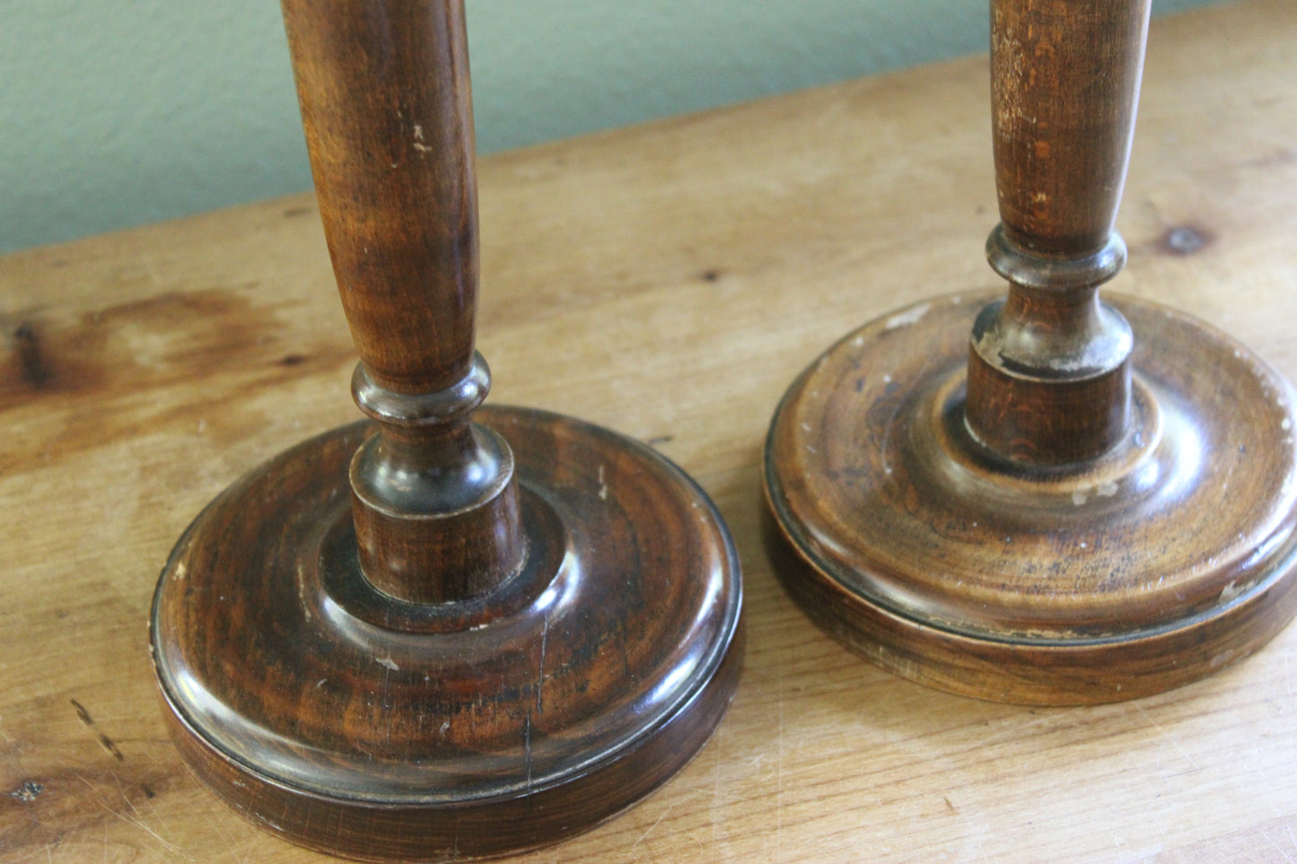 Pair of Vintage English Turned Wooden Candlesticks
