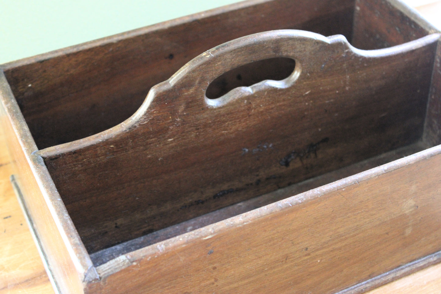 Antique Wooden Cutlery Tray / Utensil Carrier with Handle – 19th Century English