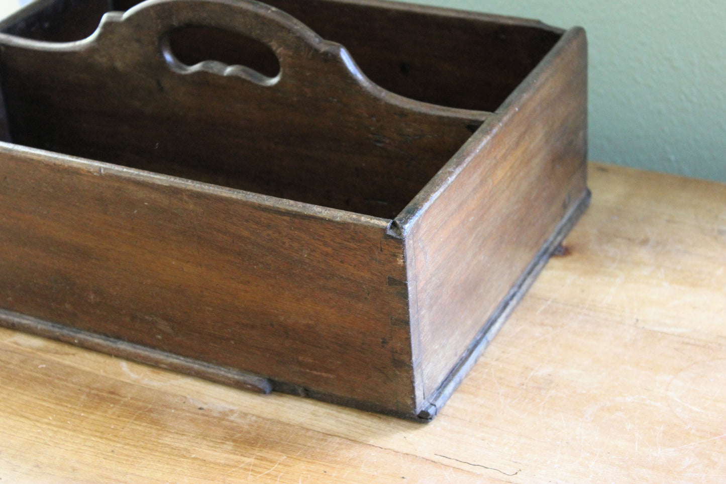 Antique Wooden Cutlery Tray / Utensil Carrier with Handle – 19th Century English