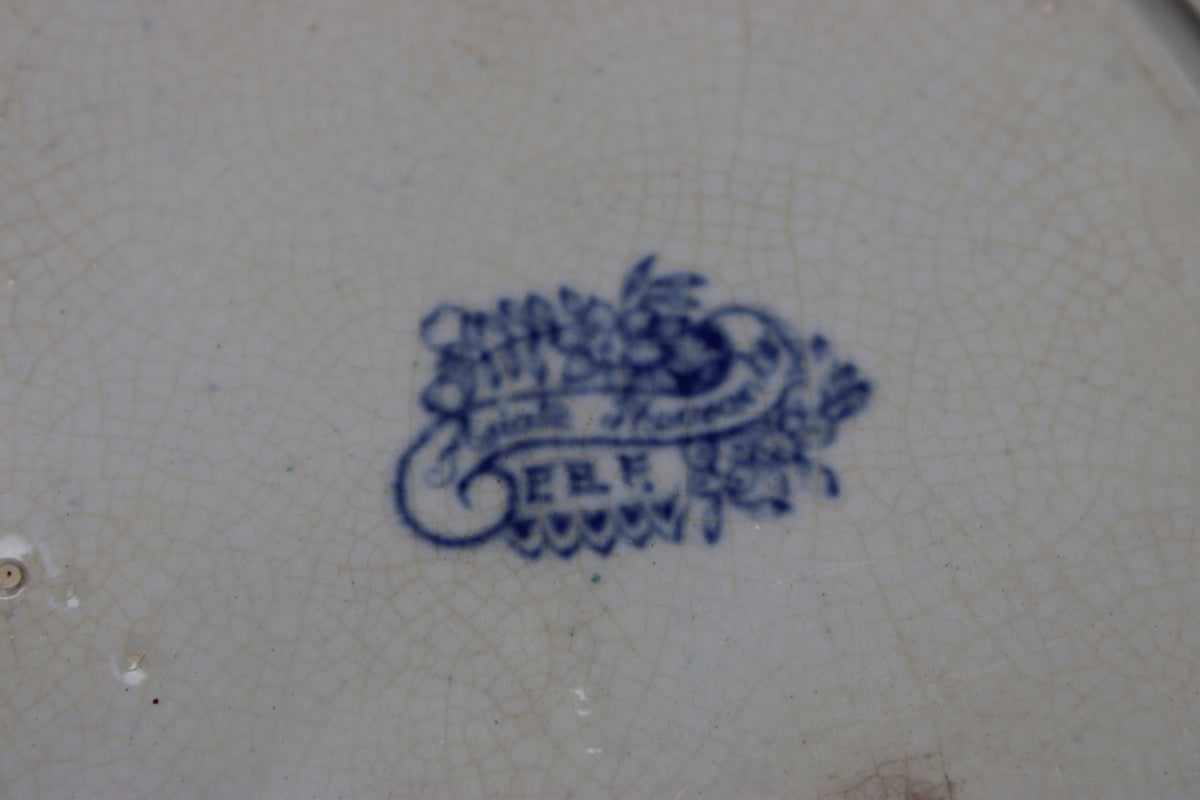 Antique English Blue Transferware Oval Bowl | Floral & Bird Pattern | c.1880s Description