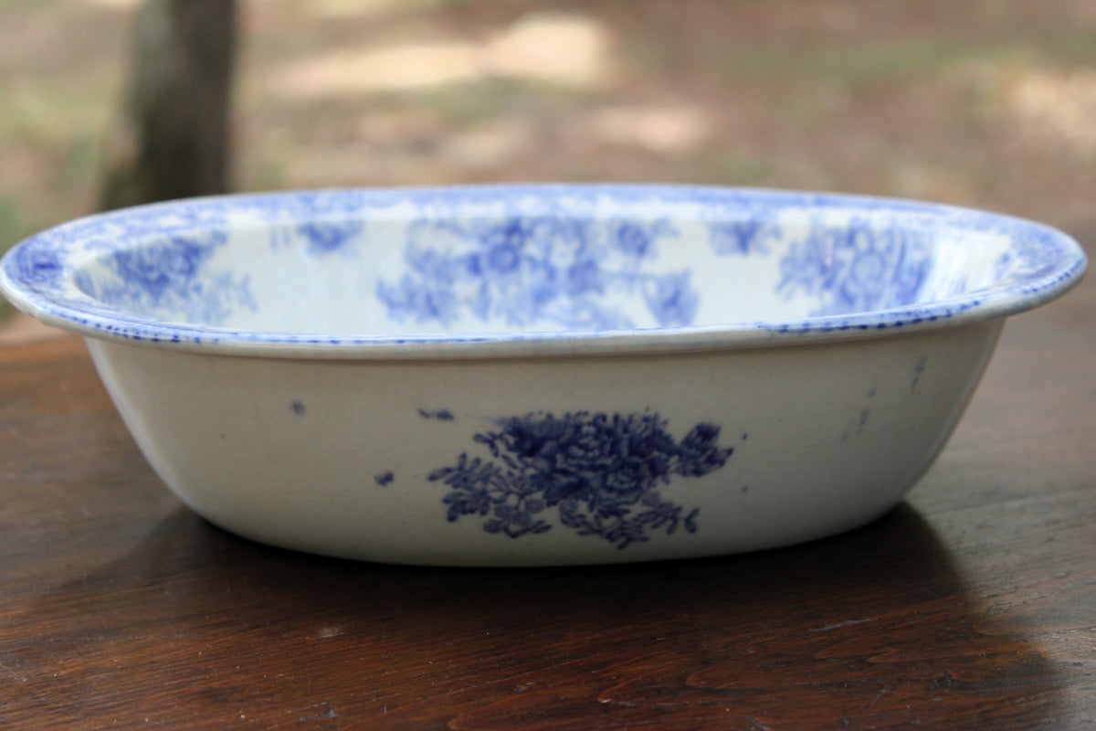 Antique English Blue Transferware Oval Bowl | Floral & Bird Pattern | c.1880s Description